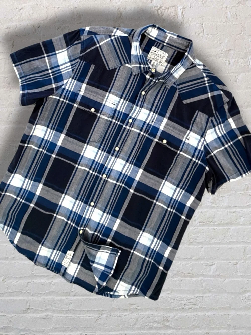 Lucky Brand Mens L Blue Plaid Short Sleeve Western Yoke Button Down Shirt